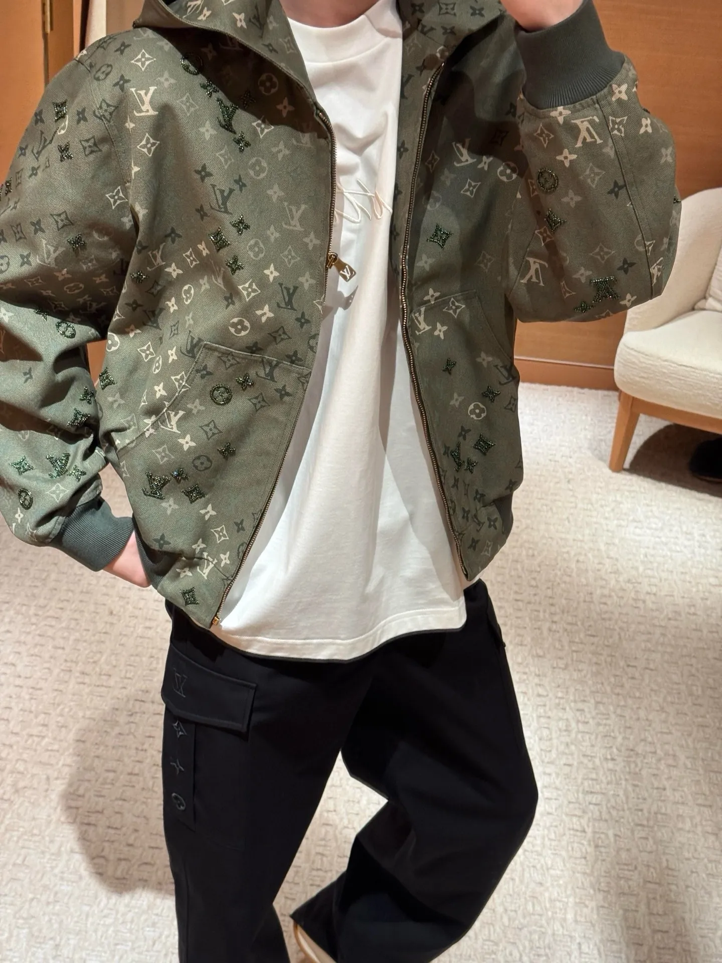 Louis Vuitton/Louis Vuitton Presbyopia printed beaded denim hooded jacket
